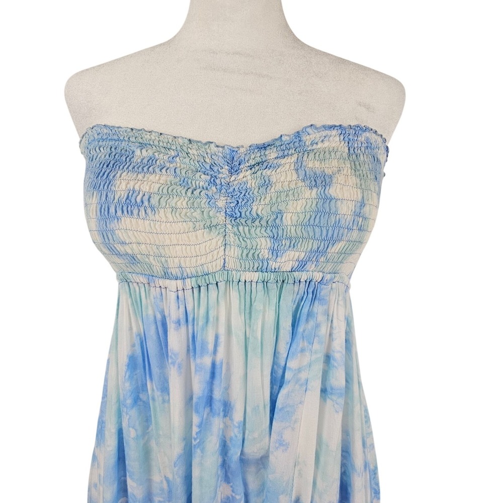 Tiare Hawaii Maxi Dress One Size Blue Tie Dye Strapless Smocked Boho Stretch - Picture 6 of 10